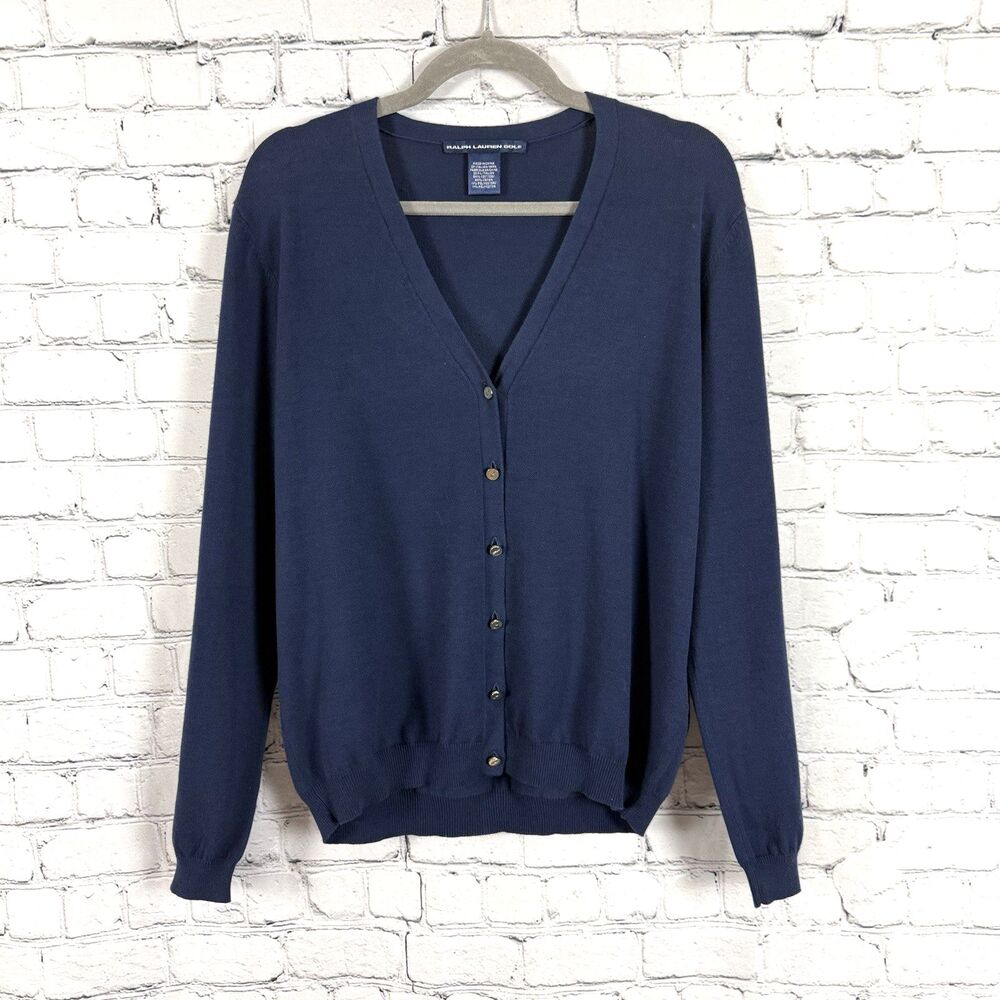 Ralph Lauren Golf Performance V-Neck Cardigan Sweater Navy Women L Button Front